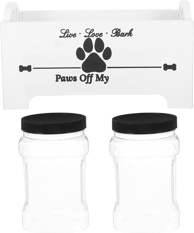 Mipcase Wooden Dog Food Storage Box with Airtight Jars, Treat Container Set for Countertop, Farmhouse Style Dog Treat Holder with Divided Compartments, White Wood for Home Pet Food