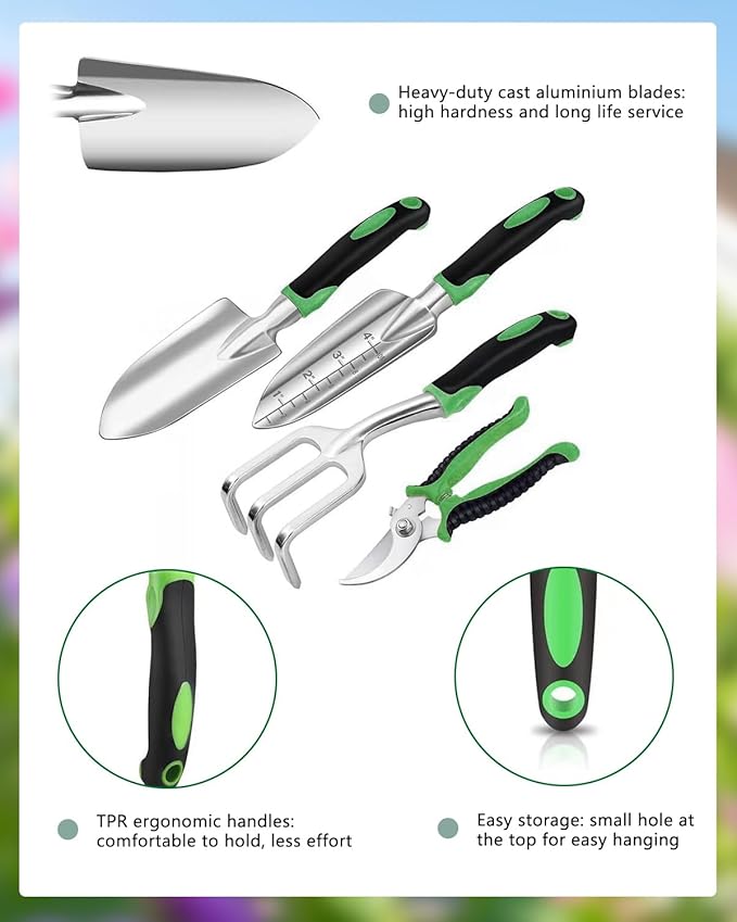Garden Tool Set, Heavy Duty Gardening Tools with Non-Slip Rubber Grip, Includes Shovel Trowel Fork Rake Gardening Gloves Organizer Handbag, Gifts for Women and Men (Professional Set (10 PCS))