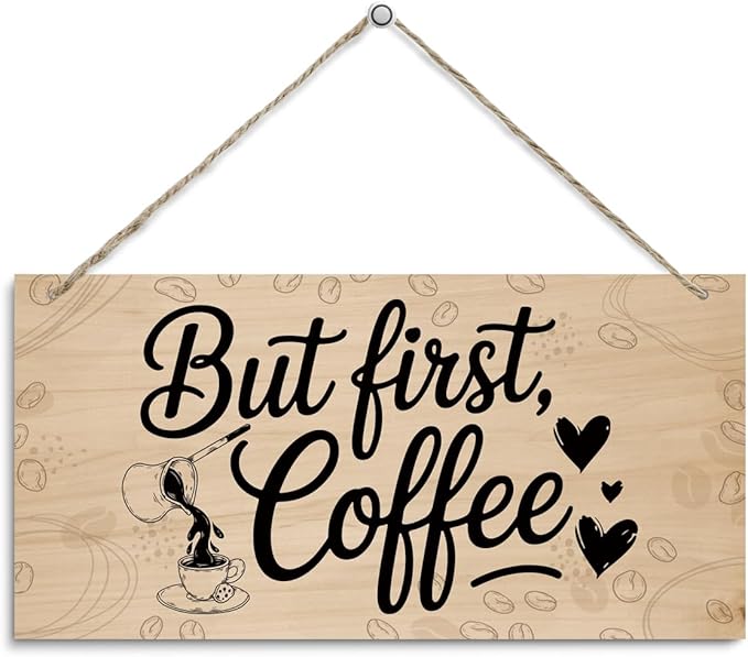 But First Coffee Decorative Sign, Coffee Bar Wooden Hanging Decor Sign, Vintage Kitchen Decor, Retro Wood Grain Decoration, Rustic Wooden Signs for Kitchen Cafe Bar 12 x 6 Inches