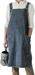 Denim Apron with Large Pockets for Cooking Kitchens, Gardening Aprons for Women Men, Bib Jean Apron for Arts Cafe Work (Style B, Deep Blue)