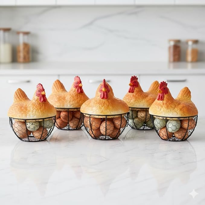 Chicken Egg Basket, for Farmhouse Kitchen Decor – Rustic Wire Egg Basket with Handle, Rooster Decorative Holder, Vintage Farmhouse Decor, Fruit Basket for Kitchen Counter
