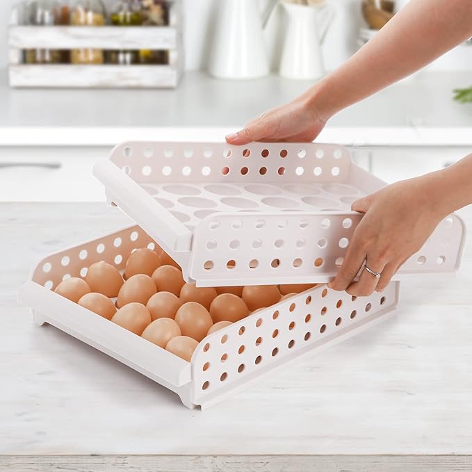 DEAYOU 60 Egg Drawer for Refrigerator, 2-Layer Stackable Egg Holder Storage Container for Countertop, Large Capacity Plastic Fresh Egg Tray Dispenser Organizer Keeper with Handle for Kitchen