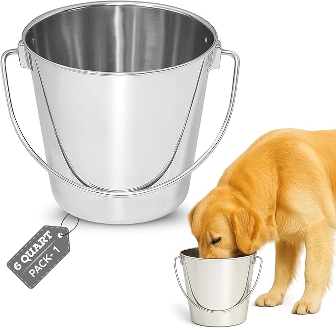 6 quart Heavy Duty Stainless Steel Round Bucket with Handle | 1.5 gal Sturdy Food & Water Bowl for XL Dogs Cats Goat sheep & Livestock | Fits kennel Crate Cage Farm | Hanging Utility Pail