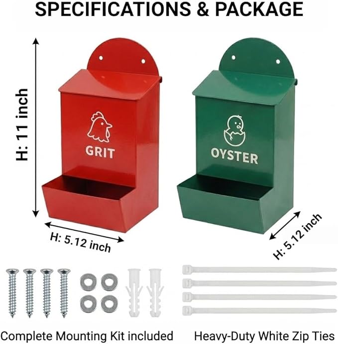 2 Pack No Waste Chicken Grit & Oyster Shell Feeder, Metal Gravity Poultry Dispenser with Rainproof Lids & Drain Holes, Wall Mounted Dual Compartment Mineral Holder, Rustproof