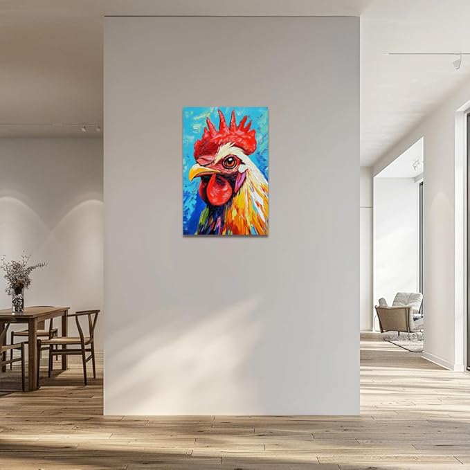 ZQQART Rooster Canvas Wall Art Funny Chicken Portrait Picture Prints Rustic Animal Painting Artwork Farmhouse Kitchen Decor Framed(Red,12.00" x 18.00")