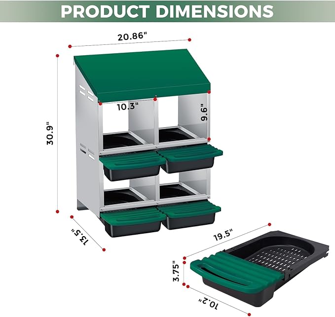 Nesting Boxes for Chickens, 4 Holes Chicken Nesting Box with Removable Tray, Easy Egg Collection, Roll Away Nesting Box for Hens, Chicken Coop, Double Layer, Green