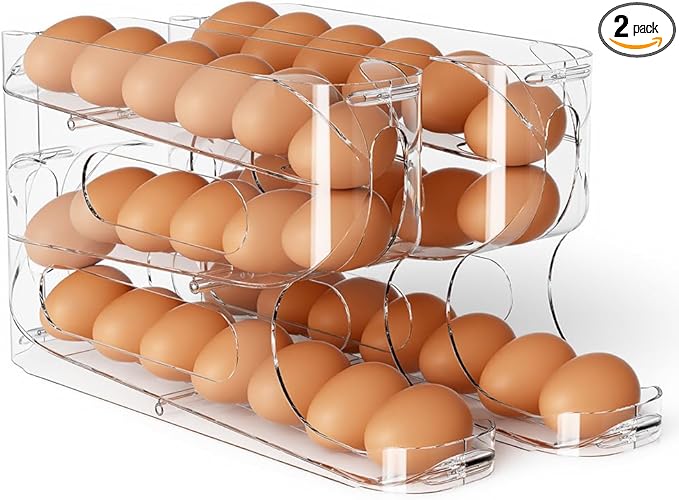 Sotfamily Clear Egg Holder for Fridge, Auto Rolling Egg Dispenser for Eggs 36 Count, FIFO Design, Space-Saving Egg Roller, Organizer, Container, Storage for Refrigerator & Kitchen Countertop(2 Packs)