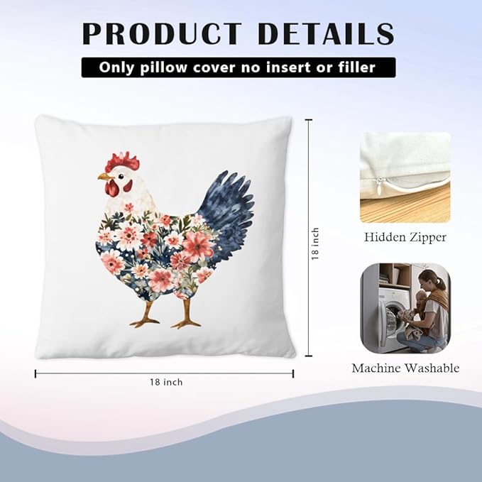 Flower Chicken Pillow Covers 18x18 Set of 2, Gifts for Chicken Lovers Mom Lady Women, Rustic Farmhouse Farm Animal Rooster Floral Throw Pillow Covers for Home Bedroom Living Room
