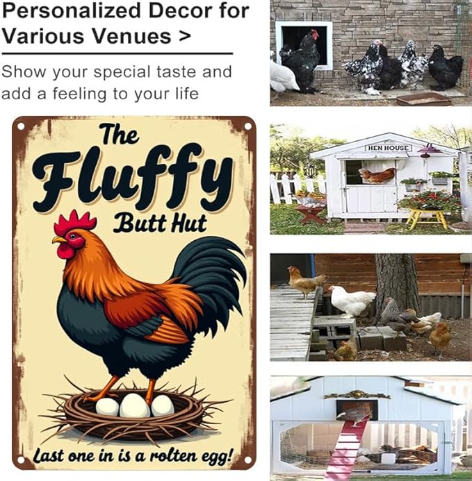Fluffy Butt Hut Chicken Sign 6x8 Inch Outdoor Decor with Funny Farmyard Saying Last One in is A Rotten Egg for Yard Patio Farmhouse