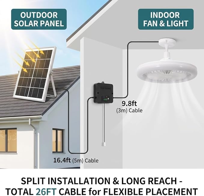 Solar Ceiling Fan with Light Indoor Outdoor, Daytime Available Solar Shed Fan Light with Pull String, 3-in-1 Modes, IP65 Waterproof for Gazebo, Shed, Barn, Patio, Chicken Coop (1 Pack)