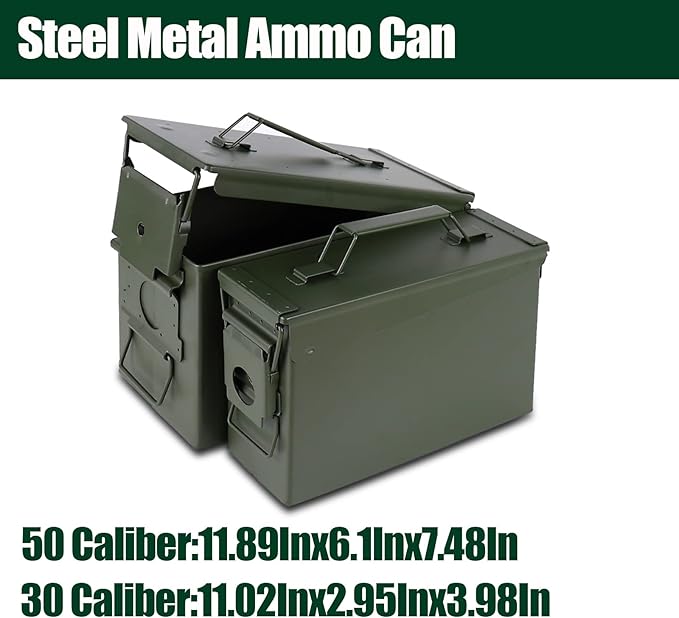 Steel Metal Ammo Can Case Set 30 cal and 50 Cal for Military Army Solid Holder Box for Long-Term Shotgun Rifle Nerf Gun Ammo Storage with Flip Top