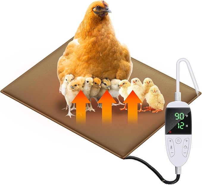 Chicken Heating Pad Chick Brooder Pad Poultry Heated Mat Adjustable Digital Thermostat Brood Heater Warming Blanket with Timer Anti Bite Wire Warmer Bed for Small Animal Pet 15.7 x 23.6 inch