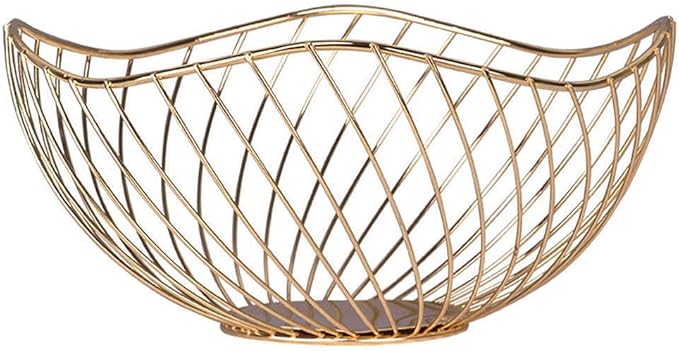 IBWell High Style Curved-Edge Modern Creative Stylish Single Tier Dish,Metal Iron Wire Fruit Vegetables Bread Decorative Stand Serving Bowls Basket Holder (Gold-Twill)
