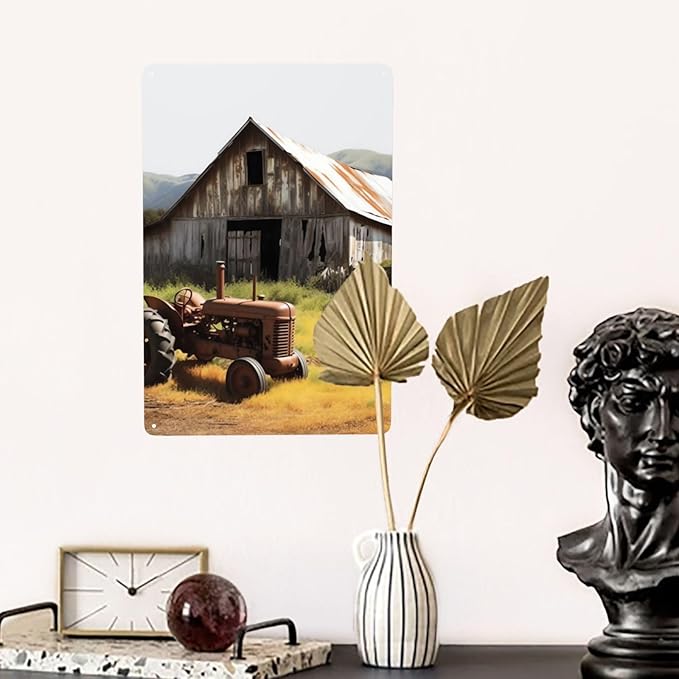 Old Wooden Barn with Rusted Tractor Metal Sign Vintage Tin Signs Retro Wall Art Decor Metal Poster Plaque Garage Bar Patio Wall Decorations Gifts for Men Women 12 X 8 Inches Outdoor & Indoor