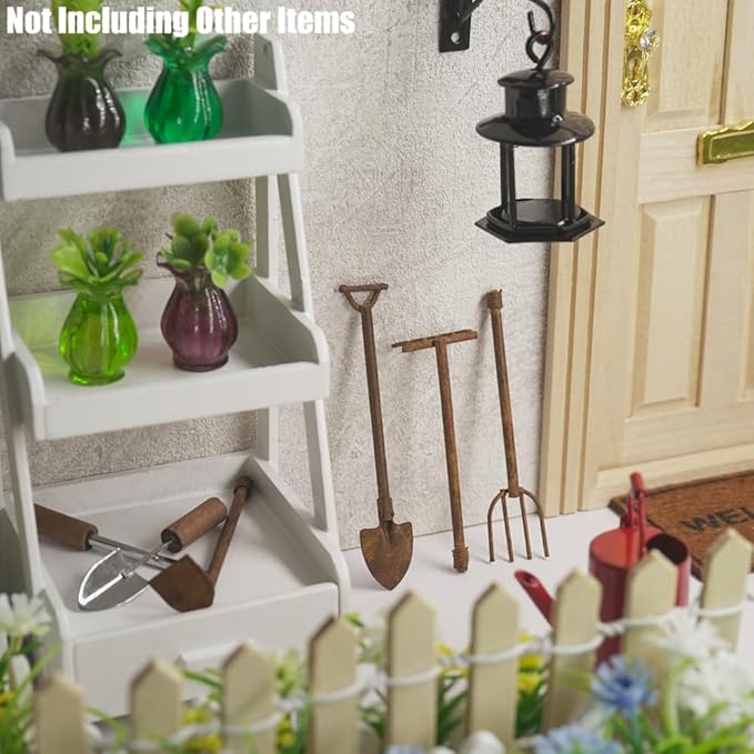 Odoria Dollhouse Gardening Tools Miniature: 1/12 Scale Hoe Rake Distressed Metal Rustic Garden Farm - Mini Hand Weeder Trowel Outdoor Ornaments Model DIY Craft