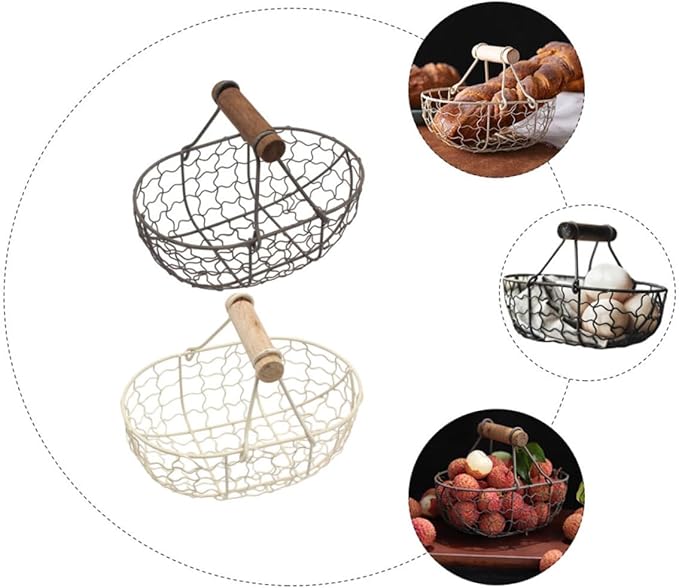 2pcs Vintage Metal Mesh Storage Baskets with Wooden Handles, Multi-function Fruit and Egg Organizer for Kitchen Counter and Harvesting, Farmhouse Style Wire Basket Set
