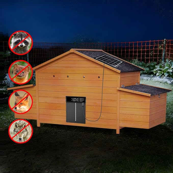 Solar-Powered Automatic Chicken Coop with Weatherproof Cover 2 Nesting Boxes Timer Light Sensor Ventilated Outdoor Poultry Cage with Pull-Out Tray