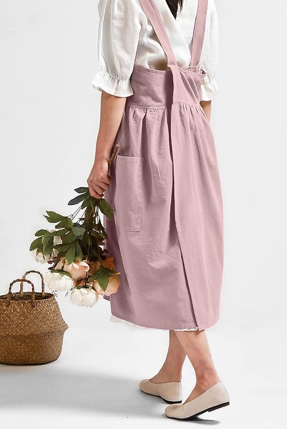 NEWGEM Cotton Cross Back Apron for Women with Pockets Cute Japanese Korean Criss Kitchen Aprons Pink
