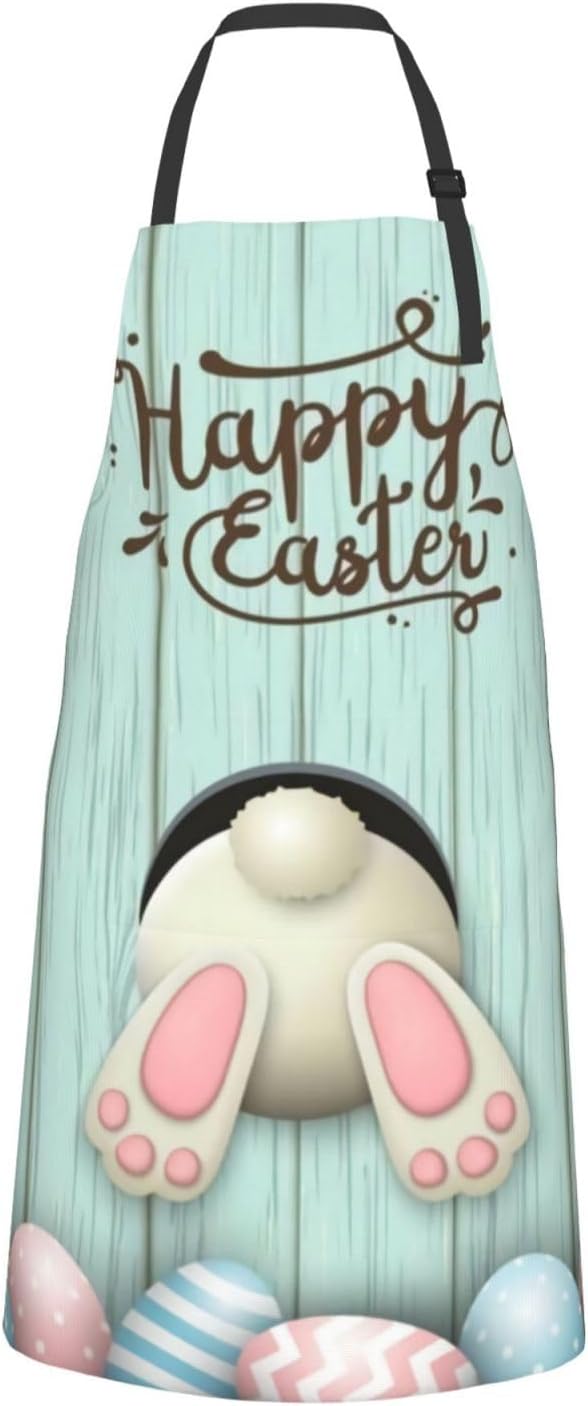ASYG Cute Easter Rabbit & Eggs Apron Adjustable with 2 Pockets Bunny Easter Gift Kitchen Baking Gardening Work Apron