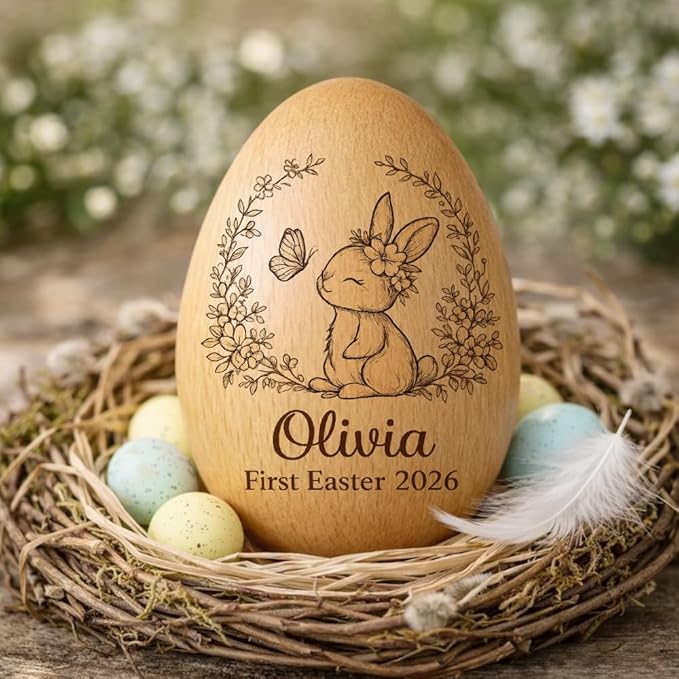 Personalized Wooden Easter Egg – Custom Engraved Bunny Name Egg, Baby First Easter Keepsake Gift, Rustic Wood Bunny Decor, Cute Basket Stuffer for Kids, Spring Holiday Gift for Baby Boy Girl/6