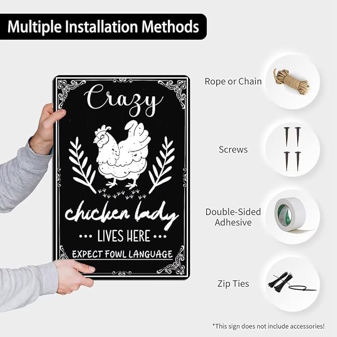 Funny Chicken Decorations for Coop -Crazy Chicken Lady Lives Here Expect Fowl Language Tin Sign Farm Chicken Coop Metal Decor Chicken Sign Chicken Gifts 8x12 Inch