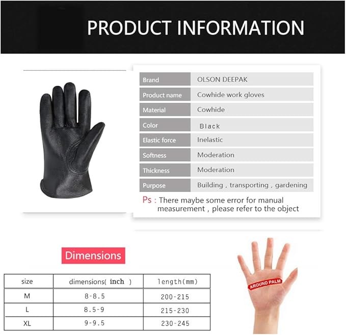 Men's Water Resistant Cowhide Leather Work Gloves for Construction,Gardening Gloves,Waterproof Mechanic Gloves