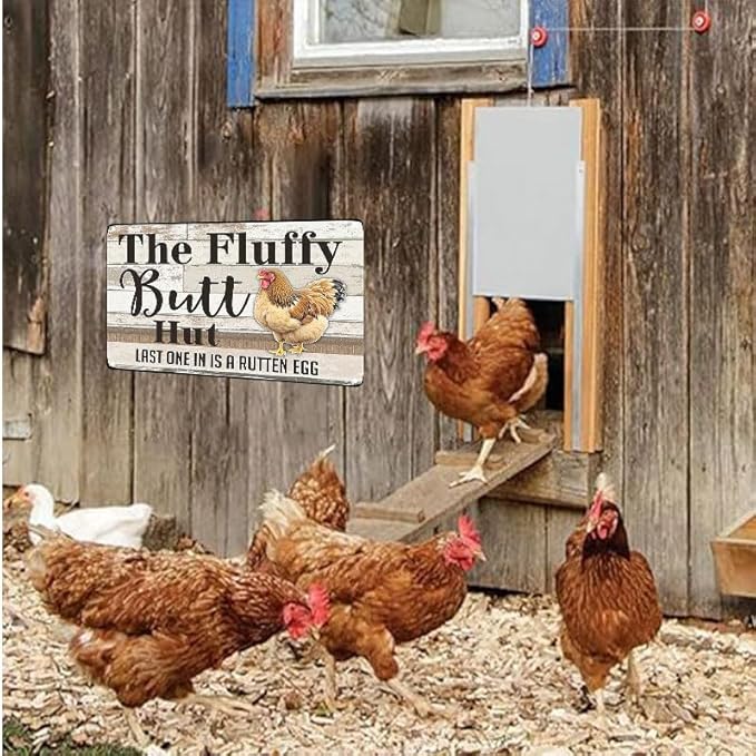 Fluffy Butt Hut Tin Sign Outdoor Decor with Chicken Design for Yard Patio Farmhouse 6x8 Inch