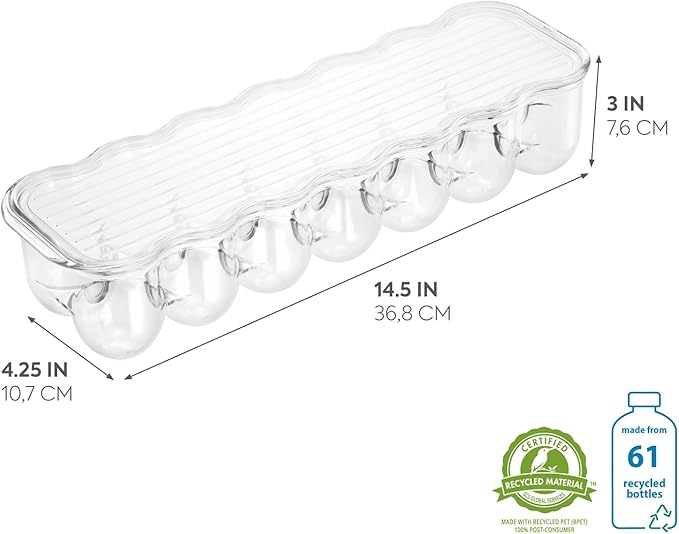 iDesign Plastic Egg Holder for Refrigerator with Handle and Lid, Fridge Storage Organizer for Kitchen, Holds up to 14, 4.25" x 14.5" x 3", Clear