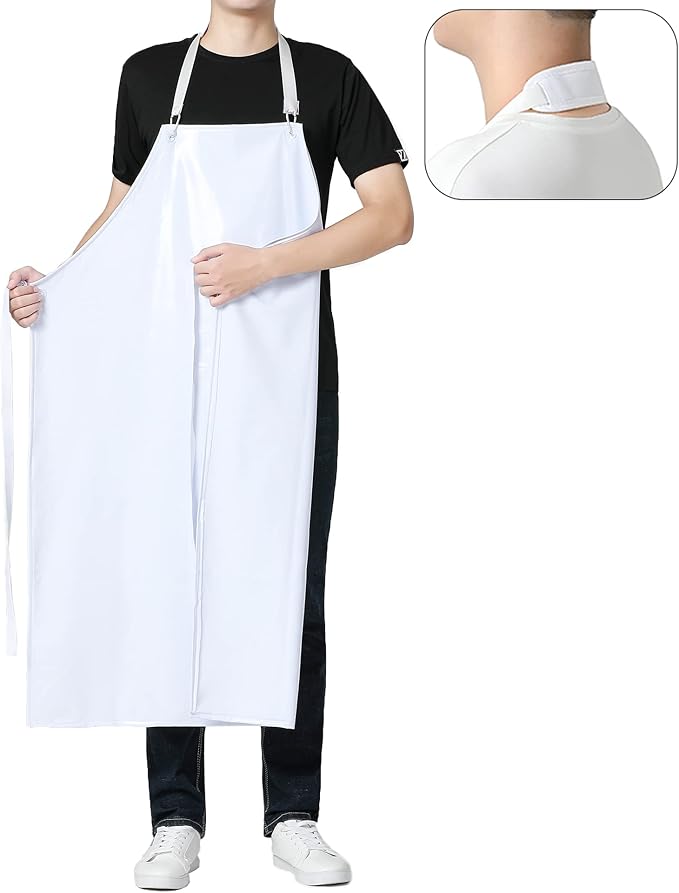 Unisex Waterproof Rubber Vinyl Apron - Oil Chemical Resistant Work Apron with Adjustable ties for Dishwashing,Kitchen,Cleaning,Butcher,Food Industrial MD006-whitethick
