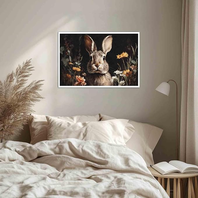 MNFGMH Easter Pictures Wall Decor Rustic Spring Rabbit with Flowers Easter Canvas Print Bunny Wall Art for Home Country Decor Canvas Roll 24x36 inch