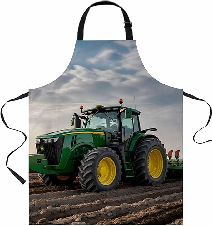 Farm Tractor Bib Aprons for Women With Pockets, Green Truck Country Rustic Field Harvester Waterproof Canvas Chef Kitchen Cooking Apron