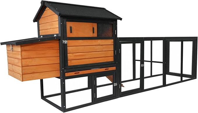 113" Large Chicken Coop with Run, Outdoor Wooden Hen Duck House with Nesting Box, Waterproof Asphalt Roof and Pull-Out Tray, Poultry Bunny Quail Cage Rabbit Hutch with Ventilated Window, Brown+Black