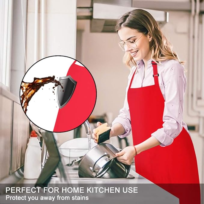 Jubatus 12 Pack 100% Cotton Aprons Bulk with 2 Pockets Cooking Chef Kitchen Adjustable Bib Apron for Women Men, Red