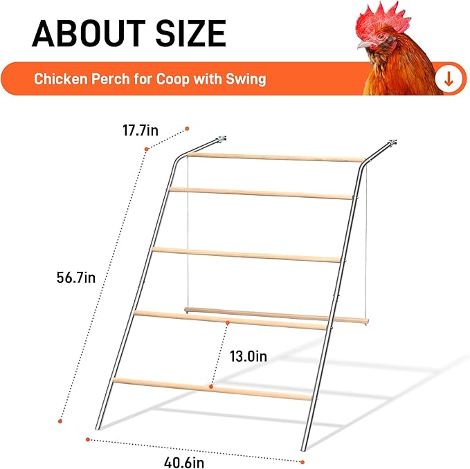 Chicken Roosting Bars with Swing for Coop, Large 4-Tier Wood Chicken Perch for Backyard Poultry, Non-Slip Design, Durable Galvanized Metal Frame, Essential Chicken Coop Accessories (55" L x 40" W)
