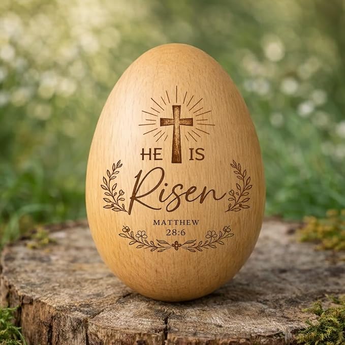 He Is Risen Wooden Egg Decor with Cross – Christian Engraved Wood Egg, Matthew 28:6 Bible Verse Religious Easter Table Decoration, Faith Gift for Christians, Church Spring Basket Display