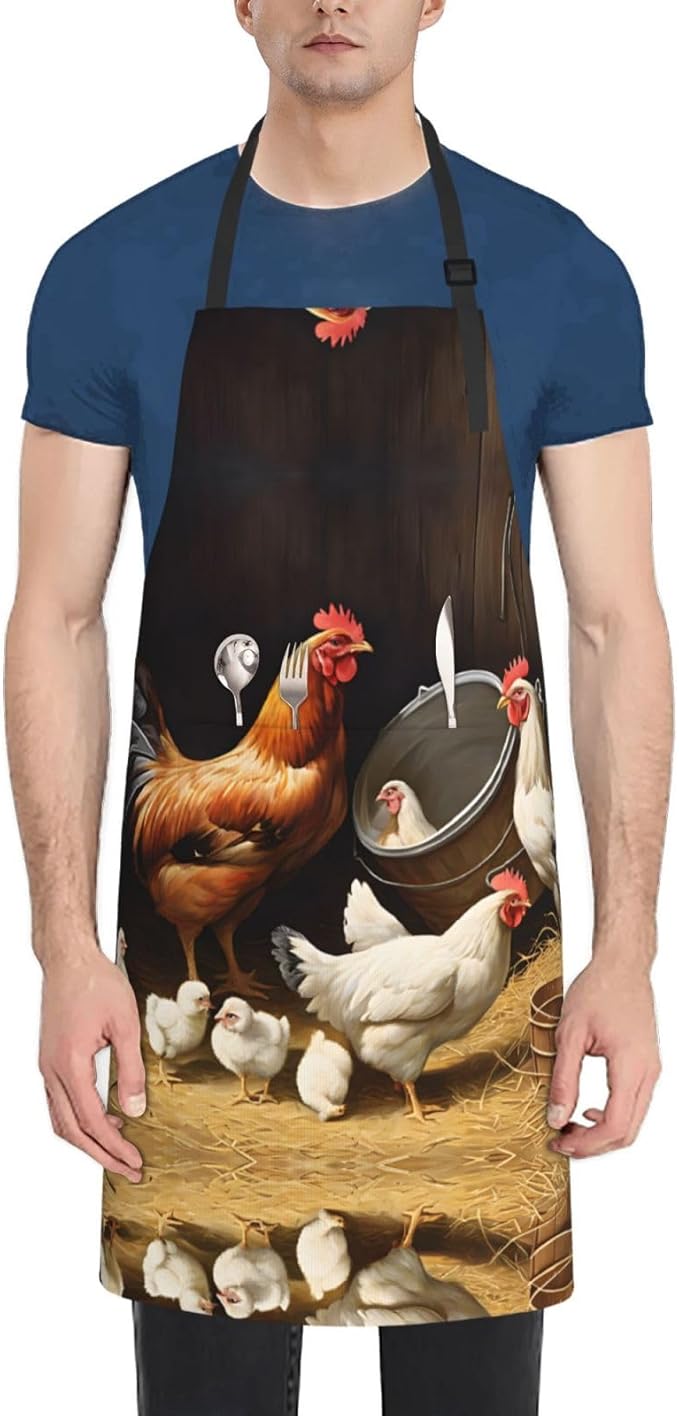 Farm Chickens Waterproof Apron For Adults With Two Large Pockets,Adjustable Neck And Waist Ties,Full-Length Bib Design-Polyester Fabric