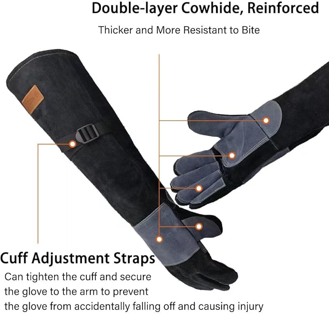 23.6 In Leather Welding Gloves for Animal Handling,Grabbing Reptile, Grooming,Trips to Vet,BBQ,Fireplace.Puncture & Scratch Resistant, Bite Proof for Cat Dog Bird Falcon Livestock Snake L Black