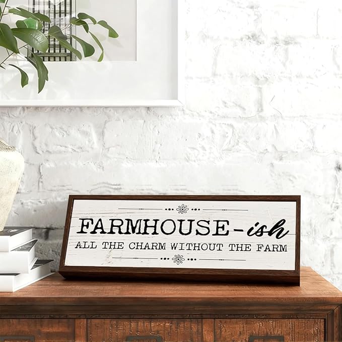Country Style Wood Decor, Farmhouse-ish Sign, Framed Wooden Wall Plaque, Rustic Home Decor for Living Room Kitchen, All the Charm without the Farm Sign 9.5x3.1x1 inches