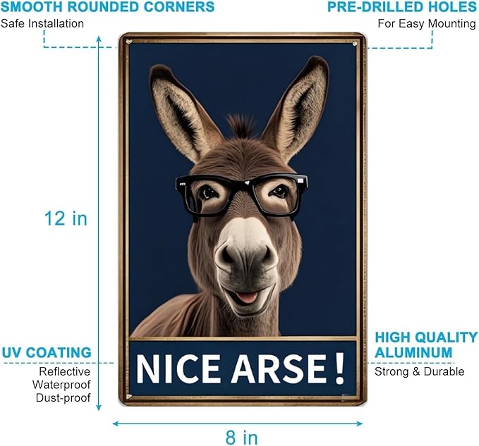 Funny Donkey Bathroom Sign – Farm-Style Humorous Tin Plaque for Restroom or Toilet – Metal Wall Decor for Home or Farmhouse – Ideal Gag Gift – 8x12 Inc