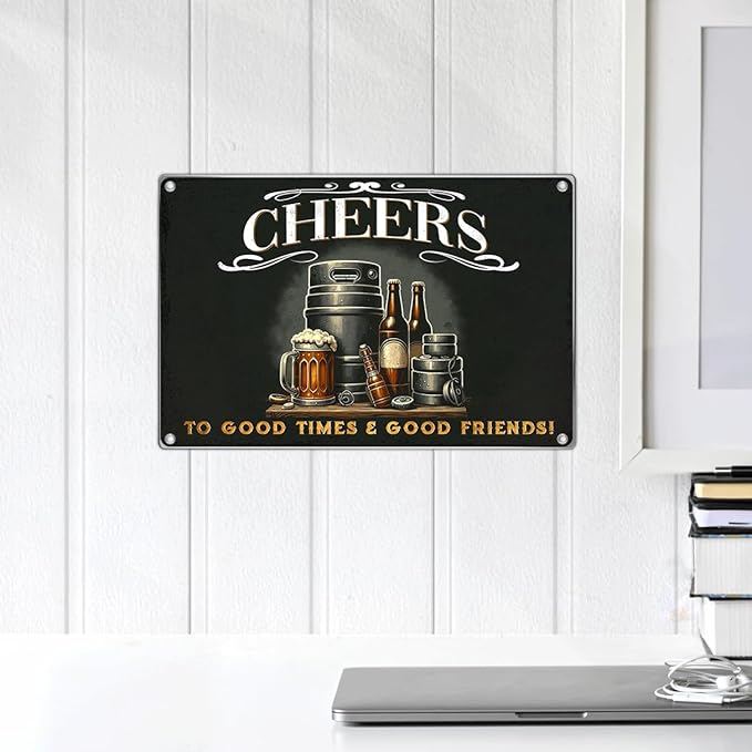 Bar Wall Sign Cheers To Good Times And Friends Vintage Metal For Home Pub Man Cave Beer Decor 12 x 8 Inch Indoor Aluminum Kitchen Art Outdoor