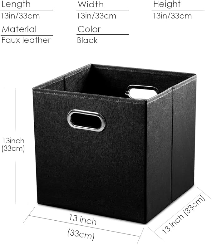 PRANDOM Leather Foldable Cube Storage Bins 13x13 inch [4-Pack] Fabric Storage Baskets Cubes Drawer with Cotton Handles Organizer for Shelves Nursery Closet Bedroom Clothes Black