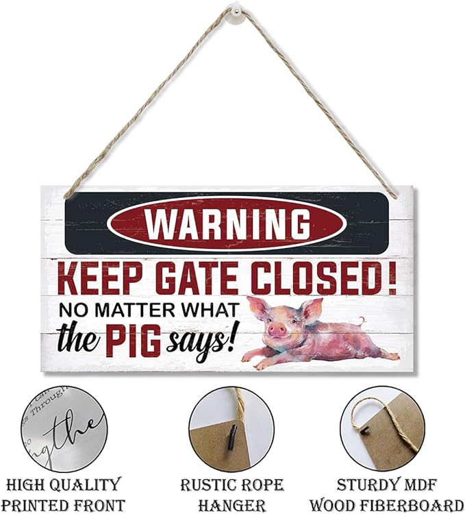 Warning Signs, Keep Gate Closed Pig Sign, Decorative Wood Hanging Wood Plaque, Warning Animal Pigs Sign, Funny Novelty Caution Pig Signs for Farm Fence Wall Gate Decor, Rustic Wall Plaque
