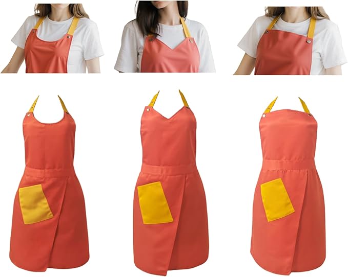 Kitchen Apron with Pockets for Adults,Waterproof Cooking Aprons for Women/Men,Baking/Grilling,Green/Orange/Wine Red
