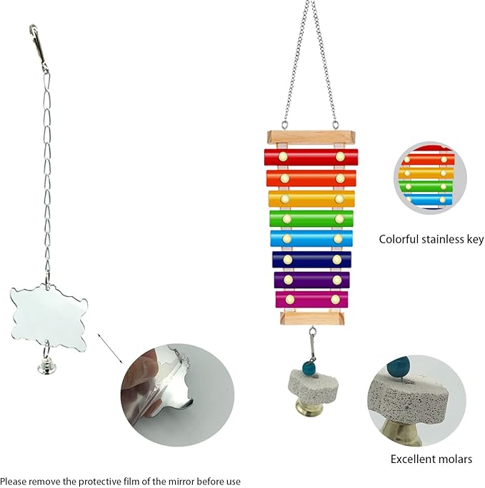 6 Packs Chicken Toys for Coop Accessries, Chicken Swing Toys for Chicken Hens, Chicken Xylophone Toys and Mirror, Vegetable Hanging Feeder, Veggies Skewer