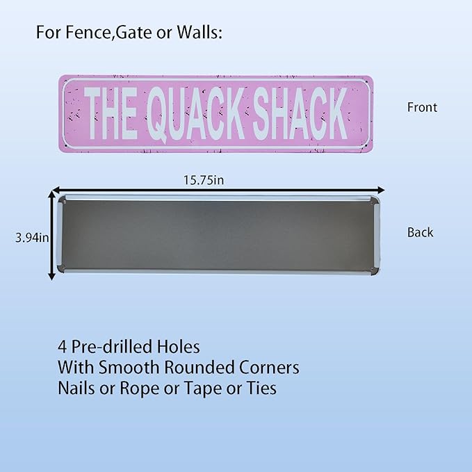 Quack Shack Retro Metal Tin Sign - Duck Waterfowl Chicken Coop Decor, Rustic Street Sign, Door Name Plate Plaque for Farmhouse Pub, Bar, Home Wall Art 16x4 Inch (pink)