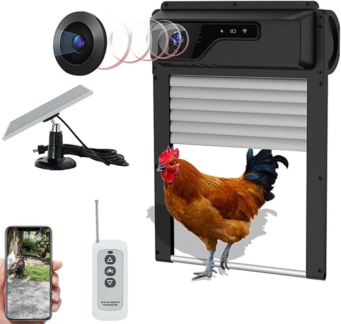 Automatic Chicken Coop Door with WiFi & 1080P Camera - Solar/USB Powered Smart Roll-Up Door, 5000mAh Battery, Anti-Pinch, Security Alarm, App Control for Poultry Safety