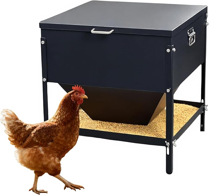 All Metal Chicken Feeding with Waterproof Lid and Handle，Adjustable 80 lbs Large Capacity No Waste Portable Automatic Chicken Feeder,for Chickens and Duck Poultry and Other Birds