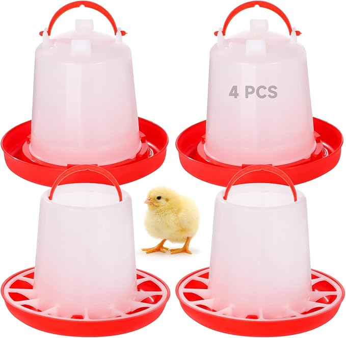 Chick Feeders and Waterers Set, 2 Pcs 1.5 L Poultry Drinkers & 2 Pcs 3.3 lbs Feeders, Hanging Plastic Poultry Containers for Chickens, Turkeys, Ducks and More