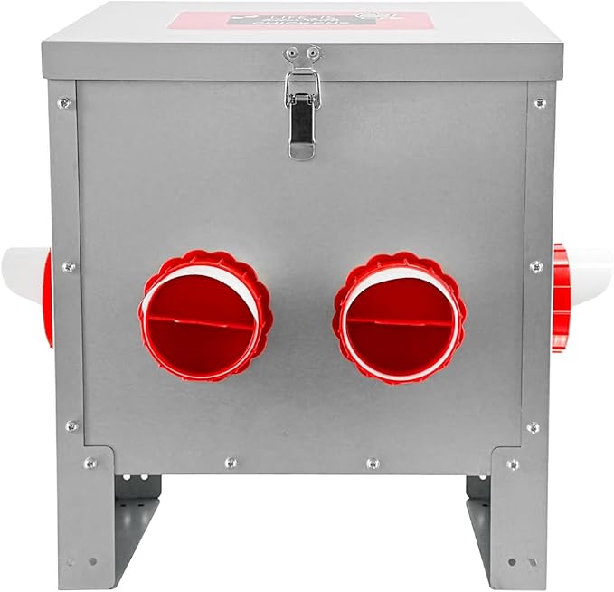 25LB Automatic Chicken Feeder with 4 Ports No Waste Galvanized Metal Poultry Feeder Outdoor Chicken Feeder Box with Handle and Locking Lid for Chickens Ducks Geese Silver