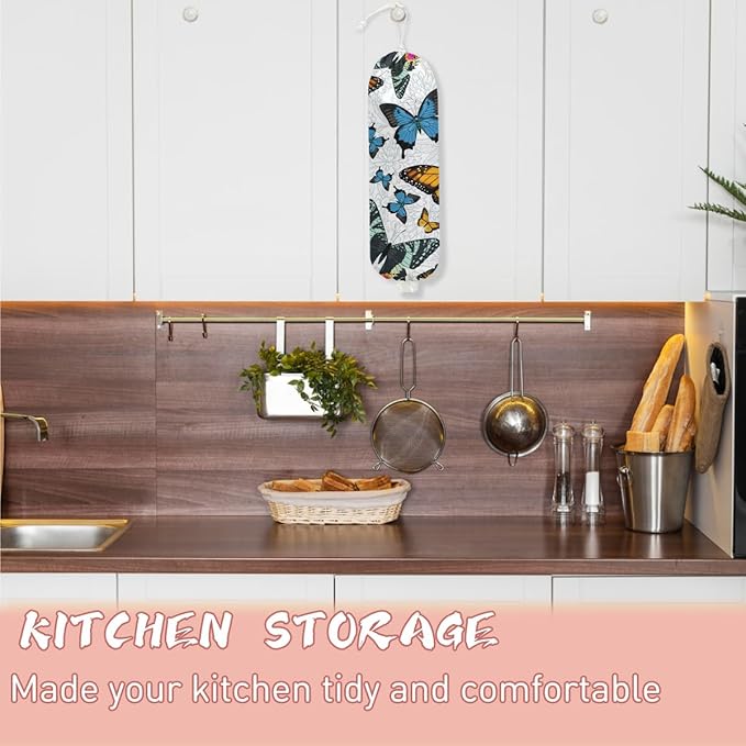 Butterfly Plastic Bag Holder, Wall Mount Grocery Bag Holder for Plastic Storage bag, Washable Storage Organizer Reusable Grocery Bags, Pull Rope Free Adjustment, Butterfly Gifts for Women Mom Sister